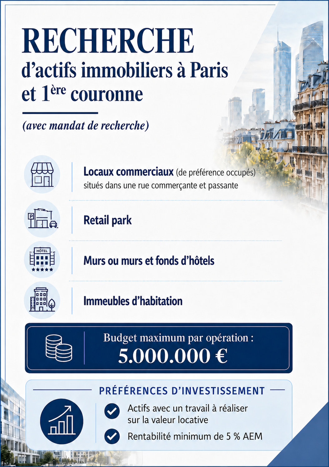 Recherche divers actifs immobiliers à Paris ou en 1ère couronne